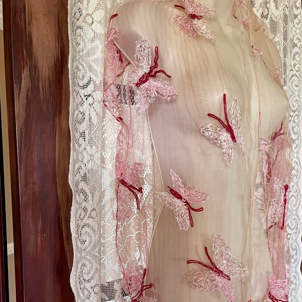 Sheer Silk Pink Lace Scarf with Butterflies